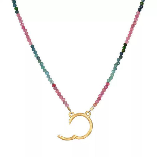 The Thread · Tourmaline | Natural Multicolor Tourmaline Beaded Necklace Gold Crescent Open Clasp | Interchangeable Charm Necklace | DIY Jewelry