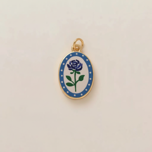 Blue rose enamel charm - cream background