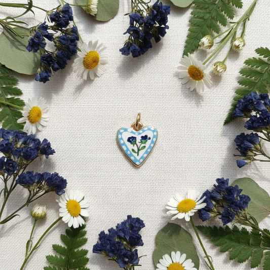 Blue rose heart charm - linen flat lay