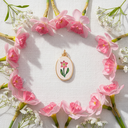 Pink narcissus charm - linen flat lay