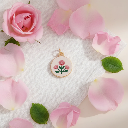 Pink rose round charm - linen flat lay