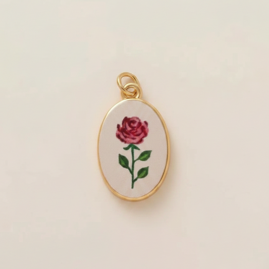 Red rose oval charm - cream background