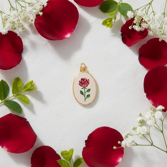 Red rose oval charm - linen flat lay